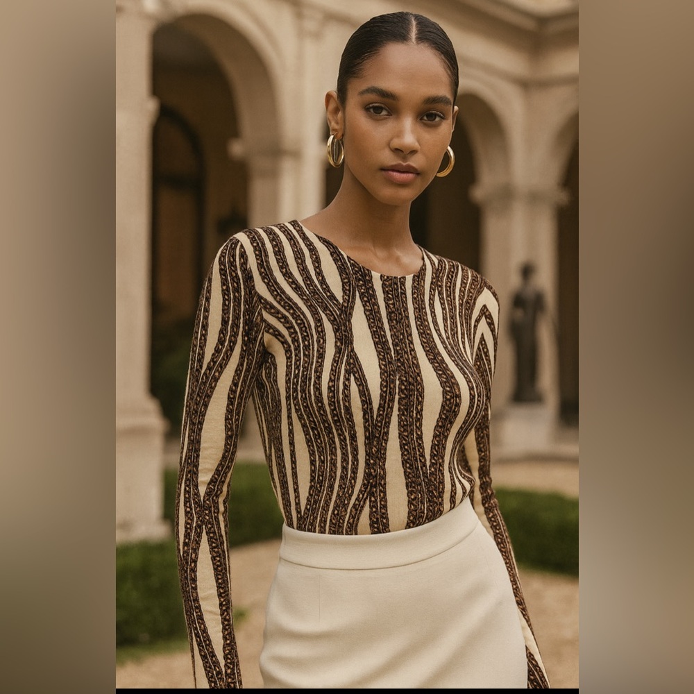 Marina Rinaldi “Madrier” Wool‎ Sweater Brown Chain Stripe Ivory NWT Size M
